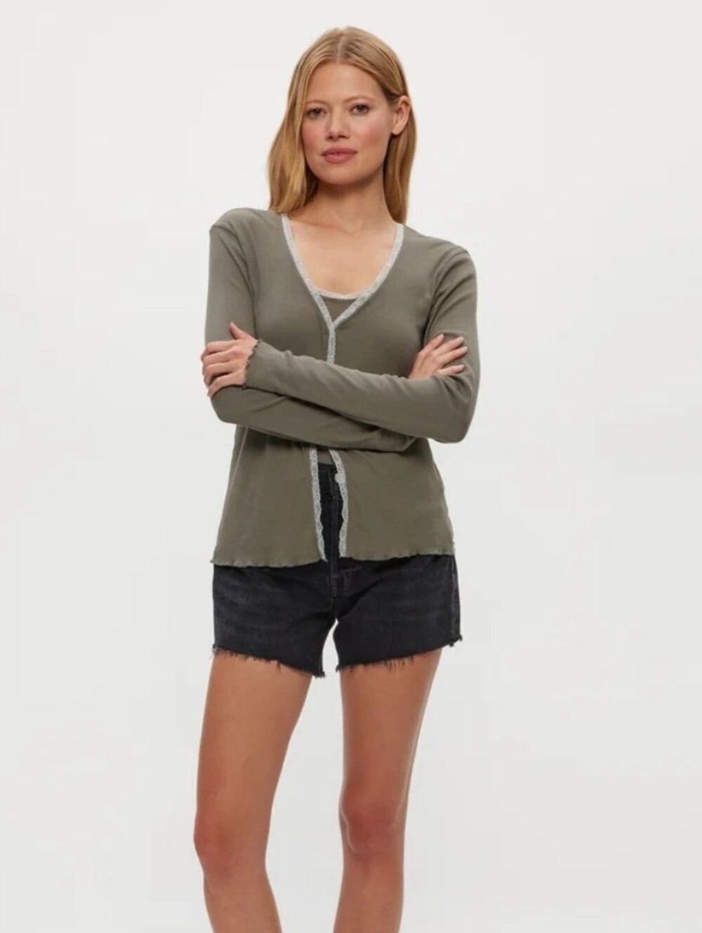 Michael Stars Beatrice Supima Cotton Rib Lace V Neck Cardigan Msrp $98